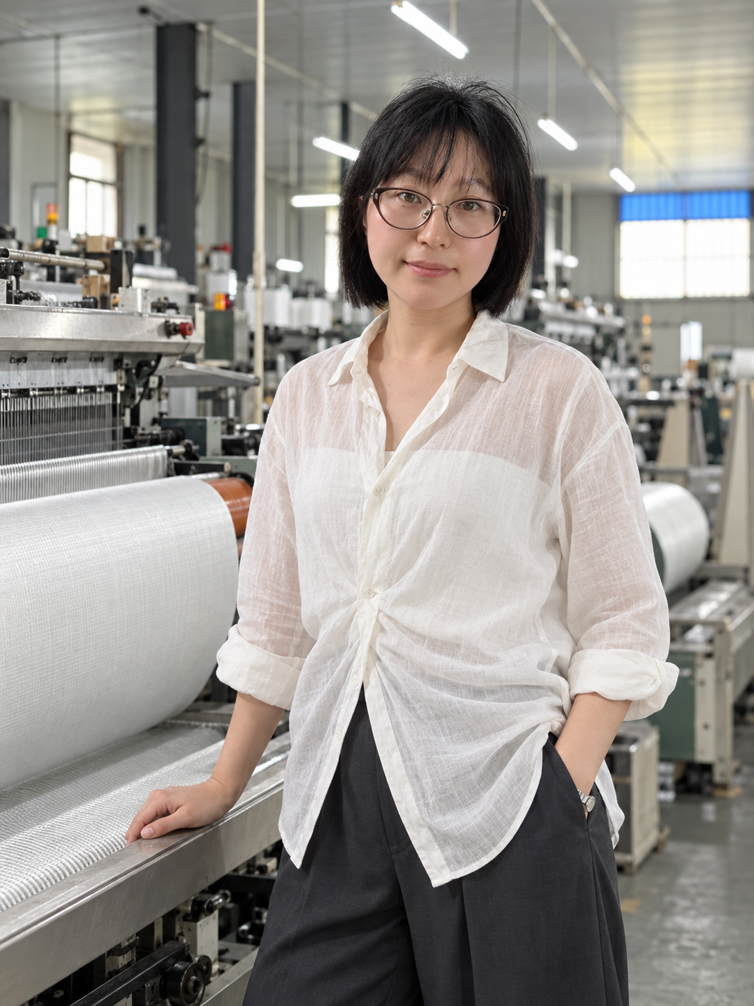 Editorial composite portrait of Aline with VETEX weaving equipment